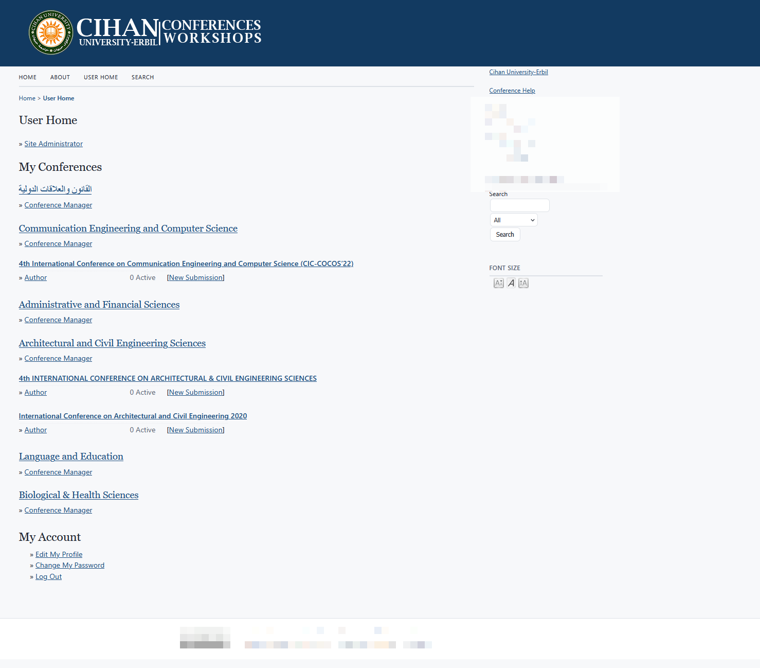 Conference and workshop management system, blurred for account privacy